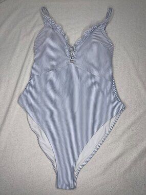 NWT H&M Blue/White Striped One-Piece Swimsuit Ruffle Trim SZ M Retro